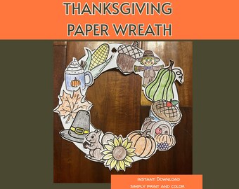Corona de papel imprimible para Acción de Gracias y otoño, manualidades para niños, corona de otoño para hacer tú mismo, proyecto de aula para recortar y pegar, página para colorear de otoño