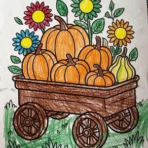 May include: A colorful drawing of a wooden wagon filled with orange pumpkins and a yellow pear. The wagon is surrounded by green grass and colorful flowers with red, blue, and yellow centers. The image is a child's drawing.
