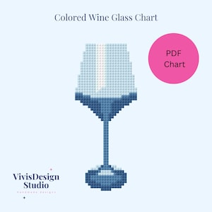 Può includere: Un'illustrazione di pixel art blu di un bicchiere di vino. L'immagine è intitolata "Colored Wine Glass Chart" e include il testo "PDF Chart".