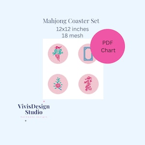 May include: A set of four Mahjong tile coasters with a pink background and colorful designs. The coasters are 12x12 inches and 18 mesh. The image also includes the text "PDF Chart".