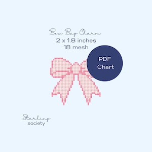 May include: A pink bow bag charm cross stitch pattern, 2 x 1.8 inches, 18 mesh, PDF Chart. Sterling Society.