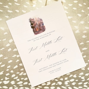 May include: Wedding invitation with a watercolor illustration of a church building. The invitation reads "The celebration and blessing of the marriage of First Middle Last and First Middle Last. Saturday, the eighth of June two thousand and twenty-four. Church Name, City, State."