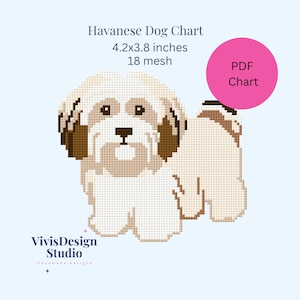 Puede incluir: Un patrón de punto de cruz de pixel art de un perro Havanés, 4,2x3,8 pulgadas, 18 mallas, PDF Chart. El perro es blanco con orejas marrones y una cola marrón. El patrón es para punto de cruz y está disponible para descargar en PDF.