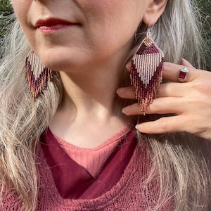 Autumn Long seed bead fringe earrings Mountain sunrise shoulder duster boho style sun landscape mountainscape wilderness camping