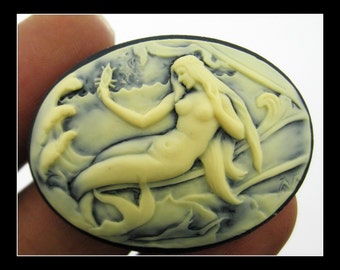 Set of 6 40x30mm Ivory on Black Horizontal Mermaid Cameos-CMT243