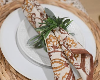 Servilletas de algodón con estampado a mano (juego de 4, 6,8 x 18 x 18 cm), lavables y reutilizables, hechas a mano.
