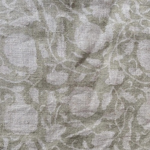 May include: Close-up of a fabric with a floral pattern. The fabric has a light green and white color scheme. The floral design is a repeating pattern of stylized flowers and leaves.