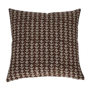 Handmade Block Print Pillow Cover: Warm White Cotton Cushion, Brown Floral Boho Accent pillow coquette aesthetic gift for housewarming