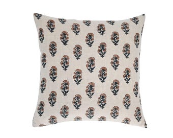 Handmade Block Printed Linen Pillow Cover | Floral Decorative Throw Cushion | Boho Farmhouse Spring Home Decor | Housewarming Gift