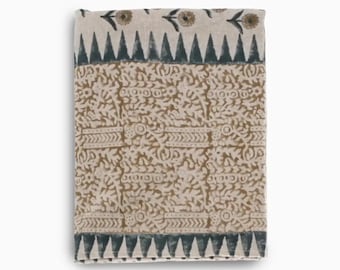 Mantel con estampado floral en bloques / Funda de algodón en tonos azul verdoso y marrón / Decoración bohemia de estilo francés para bodas