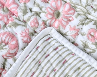 Hand Block Print Quilt Reversible | Floral Kantha Pink Cotton Bedspread | Boho Farmhouse Handcrafted Bedding Decor