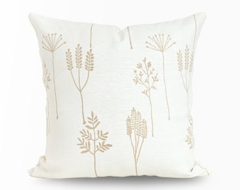 Botanical Block Print Linen Pillow Cover | White Floral Cushion Cover | Farmhouse Decor
