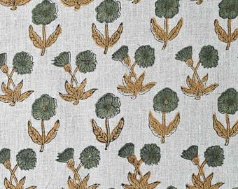 Block Print Linen Fabric by Yard | 58" Wide Designer Heavy Linen | Farmhouse Home Decor Pillow, Cushion, Curtain, Upholstery | Amelia