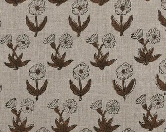 Madison Premium Hand Block Printed Linen - Minimalist Floral Boho, Natural & Saddle Brown, Sage Green