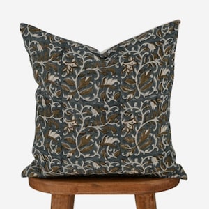 Handmade Block Print Pillow Cover: Blue Brown Floral, Boho Farmhouse Decor