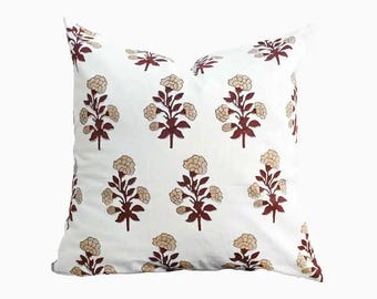 Handmade Block Printed Linen Pillow Cover | Floral Decorative Throw Cushion | Boho Farmhouse Spring Home Decor | Housewarming Gift