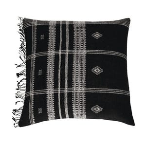 Ollie Pillow Cover – Black and White Woven Cushion with Fringe, Textured Tribal Throw Pillow for Sofa or Bed