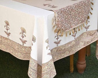 Mantel de algodón con estampado de bloques a mano / Decoración de comedor floral bohemia / Mantelería india hecha a mano