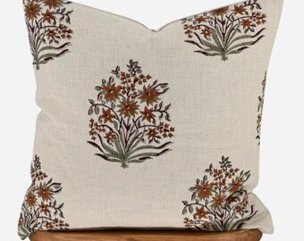 Funda de almohada con estampado de bloques hecha a mano / Cojín de lino indio / Decoración rústica francesa