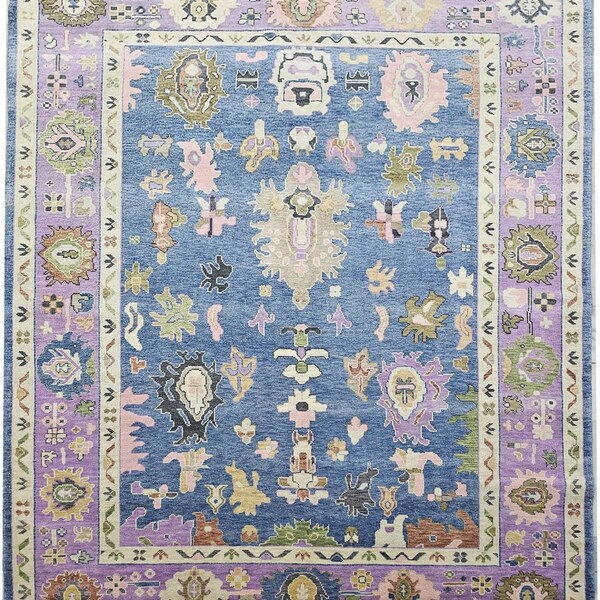 Lilac Blue Busy Oushak Rug Hand Knotted rug Vintage Oushak Wool Area Rug for living room