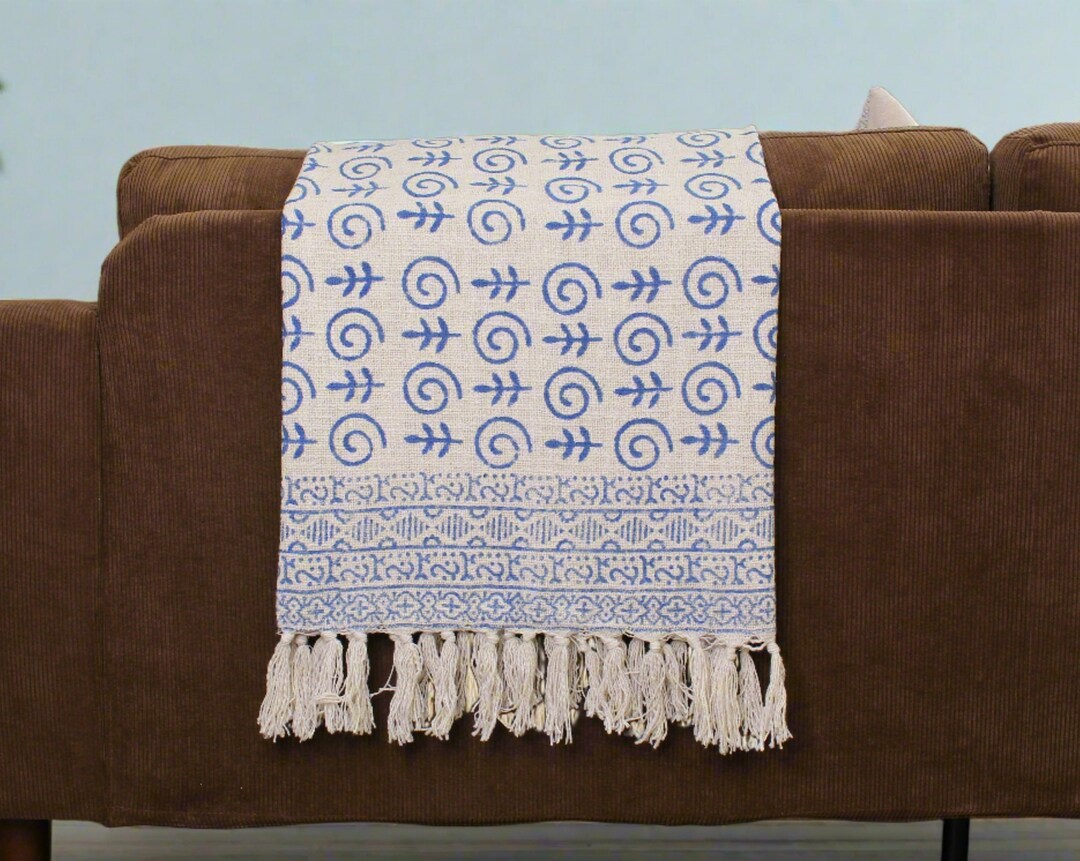 Indigo Fishy Block Print Throw Blanket, Blue Throw Blanket, Boho Throw Blanket, Throw Blanket ...