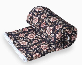 Daffodil Block Print Quilt | Soft Cotton Kantha Bedding, Floral Blanket, Chic Handmade Bedspread