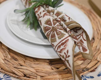 Servilletas de algodón con estampado a mano (juego de 4, 6,8 x 18 x 18 cm), lavables y reutilizables, hechas a mano.