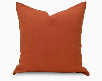 Ruffle Linen Pillow Cover | Solid Rust Orange Throw Cushion | Cottagecore Decor, Farmhouse Accent