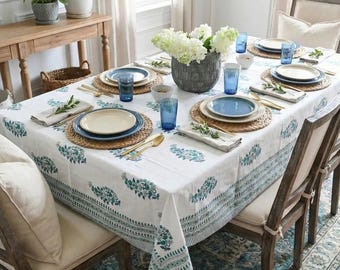 Ingrid Floral Block Print Tablecloth | White Teal Boho Cotton Dining Decor | French Country Wedding Table