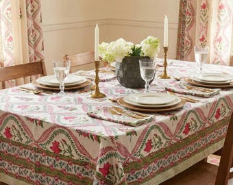 Mantel de algodón con estampado de bloques hecho a mano / Mantel floral bohemio rosa / Decoración de mesa estilo francés