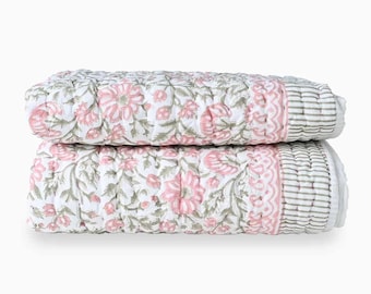 Yarrow Floral Hand Block Printed Quilt | Handmade Kantha Blanket, Thoughtful Home Gift, Artisan Cotton Quilt