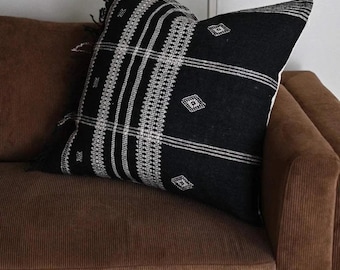 Handwoven Bhujodi Throw Pillow | Indian Wool Cushion with Tassels | Boho Sofa Decor | Rustic Home Textile, Black and White