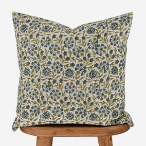 Veronica Block Print Pillow Cover - Blue Green Floral Cotton Cushion - Boho or Cottage Decor - Fall Decor - Fall Home Gift - Fall Style Gift