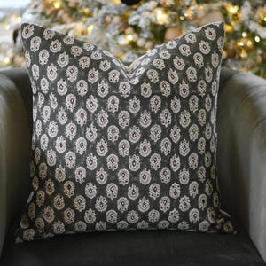 Handmade Block Print Linen Pillow Cover: Abstract Floral Tapestry Cushion gift for home Farmhouse Rustic cottage country pillow