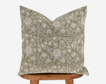 Spring Floral Block Print Pillow Cover | Green Throw Pillow | Farmhouse Rustic Cottage Decor