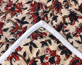 Hand Block Print Quilt | Handmade Red Floral Cotton Bedspread | Boho Farmhouse Handcrafted Bedding Decor