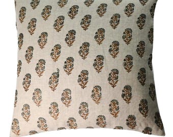 Funda de almohada de lino estampada a mano / Cojín decorativo floral / Decoración de primavera estilo granja bohemio / Regalo de inauguración de la casa