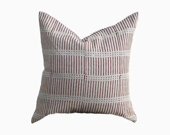 Handmade Block Printed Linen Pillow Cover | Stripe Decorative Throw Cushion | Boho Farmhouse Spring Home Decor | Housewarming Gift