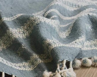 Handwoven Bhujodi Wool Throw | Washed Blue Artisan Blanket | Boho Sofa Decor | Rustic Festive Home Textile