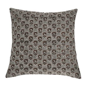 Handmade Block Print Pillow Cover: Grey Brown Abstract Floral Cotton Cushion