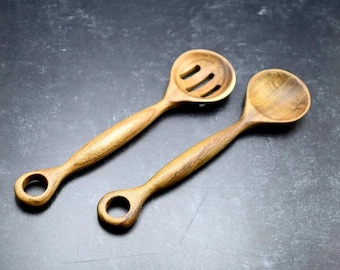 Wooden Spoon Set of 2 – Handmade Rustic Kitchen Utensils, Natural Cooking & Serving Spoons, Gift for Her