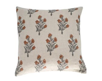 Funda de almohada de lino estampada a mano / Cojín decorativo floral / Decoración de primavera estilo granja bohemio / Regalo de inauguración de la casa