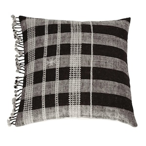Leonard Woven Pillow Cover – Black and Grey Checkered Pattern with Tassels, Indian Handmade Decorative Cushion