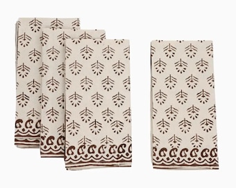 Servilletas de algodón con estampado a mano (juego de 4, 6,8 x 18 x 18 cm), lavables y reutilizables, hechas a mano.