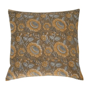 Barry Block Print Pillow Cover – Brown with Yellow and Grey Floral Pattern, Handmade Cotton Decorative Cushion for Sofa, Couch, or Bed