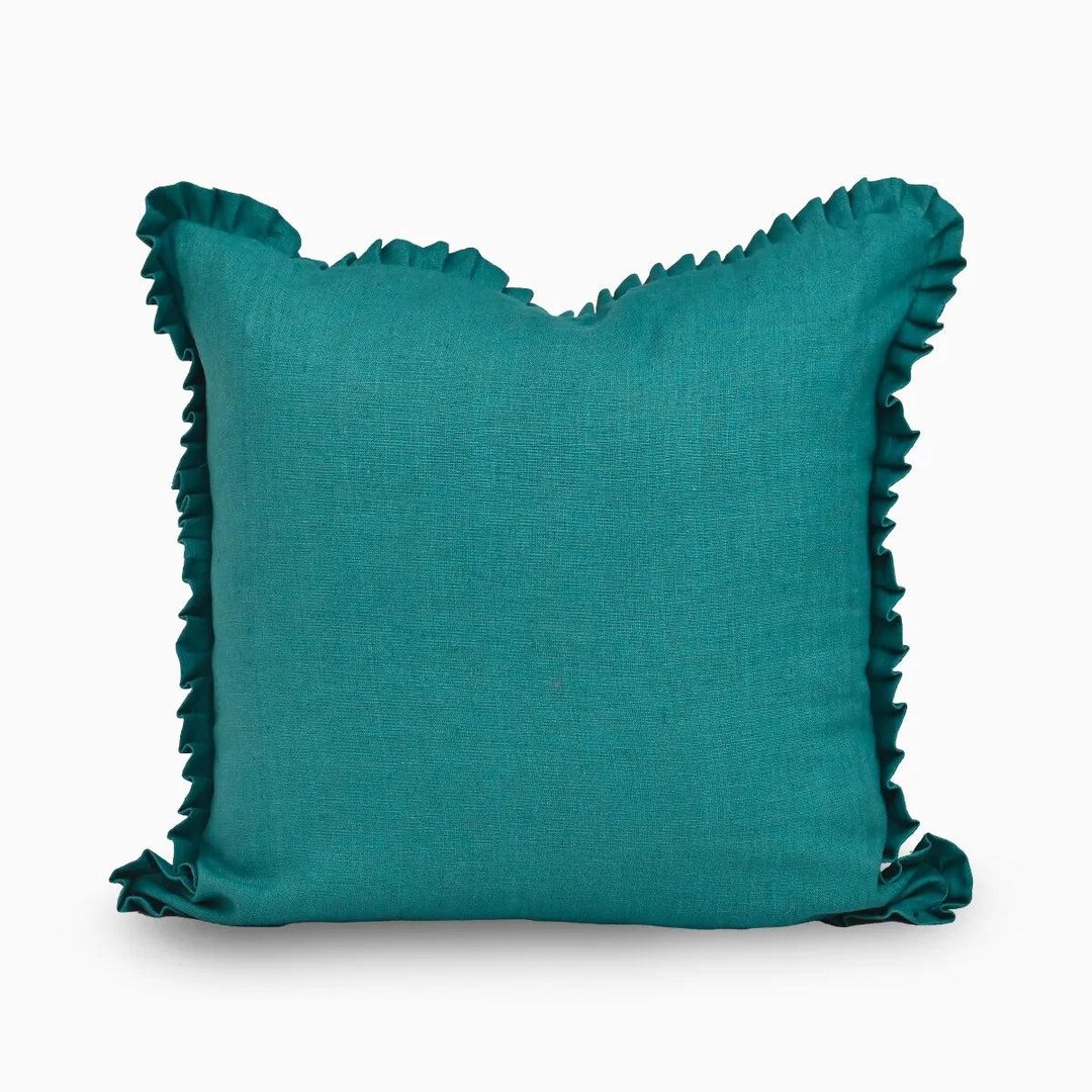 Teal Ruffle Throw Ruffle Linen Pillow Cover | Solid Teal Throw Cushion | Cottagecore ...
