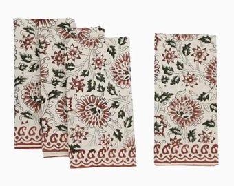 Servilletas de algodón con estampado a mano (juego de 4, 6,8 x 18 x 18 cm), lavables y reutilizables, hechas a mano.