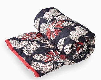 Hand Block Print Quilt | Kantha Red Floral Cotton Bedspread | Boho Farmhouse Handmade Bedding Decor