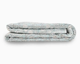 Soft Aqua Hand Block Quilt | White Floral Cotton Quilt | Handmade Coastal Bedding