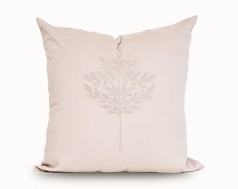 Velvet Throw Pillow Cover, Embroidered Floral Design, Cut Pile Weave